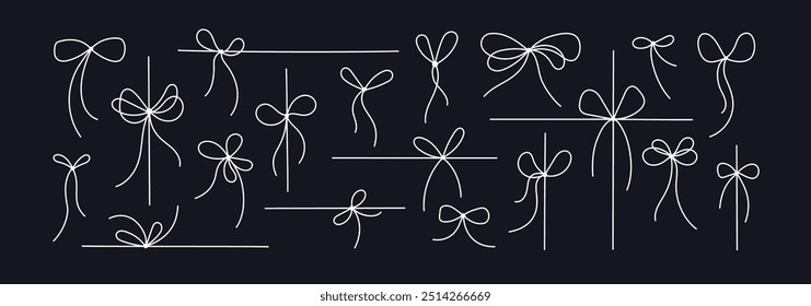 Cinta de regalo de arcos de cuerda. Conjunto de línea de Vector de signo para cuerdas, cuerdas atadas para caja, regalo simple. Arco de cinta de trazo fino dibujado a mano. Boceto aislado sobre fondo blanco