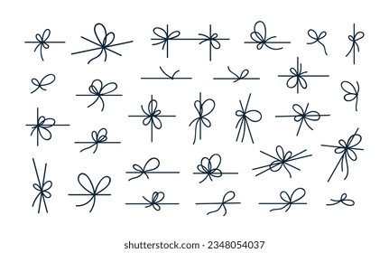 String bows, knots set. Thin line ribbons, ropes, cords tied for gift box, present. Simple twine, decorative holiday thread, lace with loop. Hand-drawn vector illustration isolated on white background