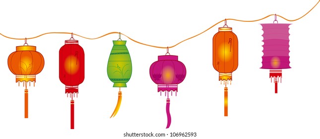 string of bright hanging lantern decorations on white