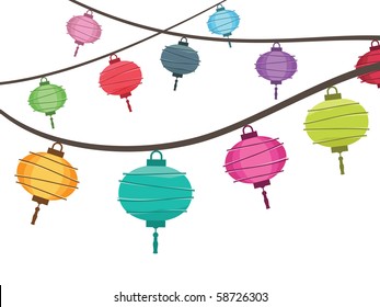 string of bright hanging lantern decorations on white