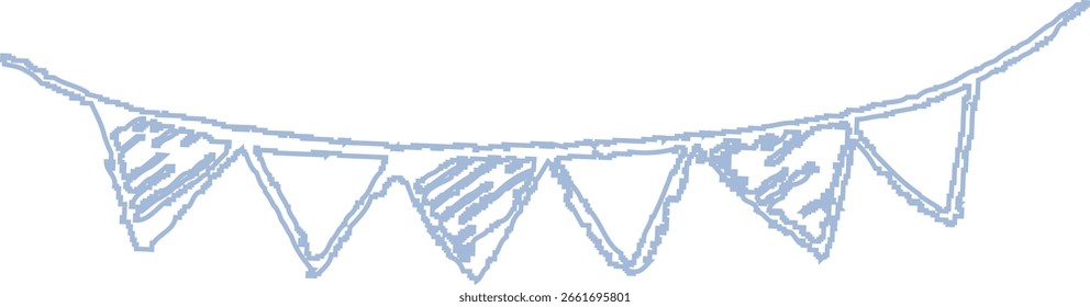 A string of bunting flags in a sketchy style with alternating patterns. Triangular pennants hang in a playful, doodle-like arrangement. Cartoon vector illustration.