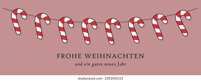 string of candy canes, frohe weihnachten und ein gutes neues jahr greeting card, zuckerstange winter holiday vector design