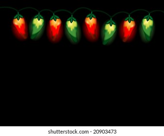 A string of chili pepper lights in Christmas colors, red and green, on black background.