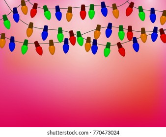 String of Color christmas light bulbs on red Background. Vector illustration.