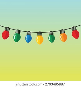 A string of colorful Christmas lights hangs across a gradient background transitioning from light blue to yellow.
