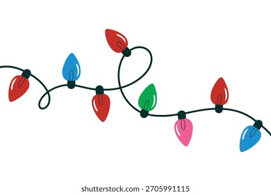 String of colorful Christmas lights on white background