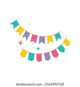 A string of colorful flags, perfect for decorating party venues or invitations.