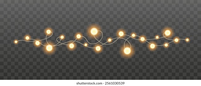 String of colorful glowing holiday lights, Christmas decoration tortuous lights isolated realistic design elements, glowing led lamps lights for greeting card design, bright garlands