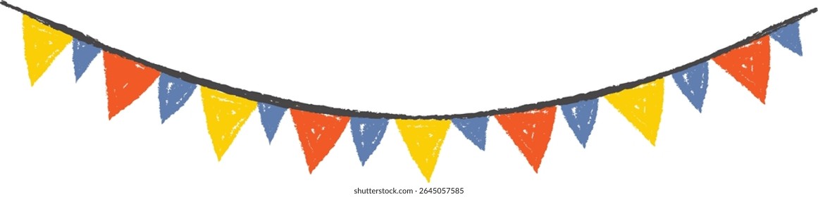 A string of colorful triangular flags in a hand-drawn style. The bunting features alternating shapes on a curved line. Cartoon vector illustration.