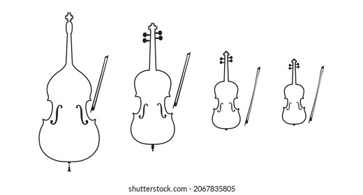 String contours; bowed musical instruments. Vector illustration of contrabass silhouettes; cello; alto; violin