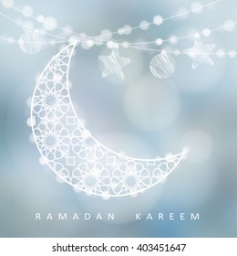 String decoration. Ornamental moon, stars, balls. Blurred festive background. Bokeh lights. Greeting card, invitation for muslim community. Holy month Ramadan Kareem. stock vector illustration