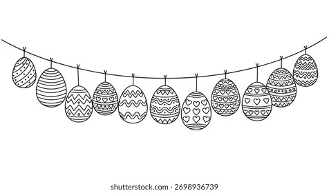 A string of decorative Easter eggs with various patterns hanging from a line.