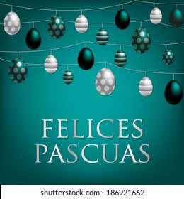 String of Easter eggs card in Spanish in vector format.