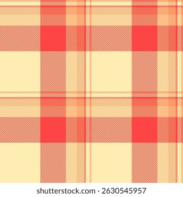 String fabric background seamless, baby plaid tartan texture. Scratched vector textile pattern check in light and red colors palette.