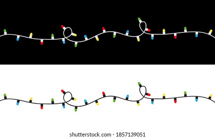 String fairy light set. Christmas lights. Lightbulb glowing garland. Colorful cartoon holiday festive xmas decoration. Rainbow color. Cone shape. Flat design. White Black background. Isolated. Vector