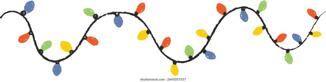 A string of festive lights in a wavy pattern with a playful cartoon style. Decorative bulbs hang on a curvy line, creating a joyful atmosphere. Cartoon vector illustration.