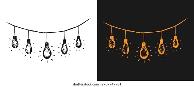 Corda de lâmpadas brilhantes, luzes de fadas vetor mão desenhada decoração.