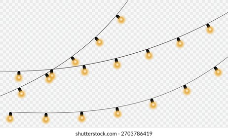 String of glowing yellow christmas lights on a transparent background