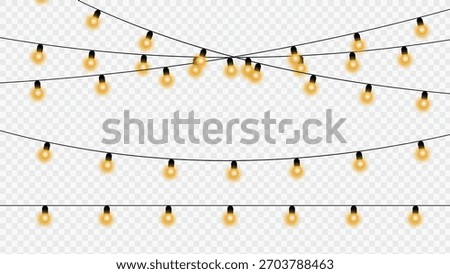 String of glowing yellow incandescent light bulbs on a transparent background