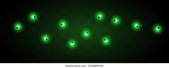 A string of green glowing fairy lights on a transparent background. Decorative, warm lighting for holidays or festive occasions.