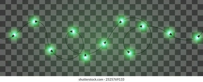 A string of green glowing fairy lights on a transparent background. Decorative, warm lighting for holidays or festive occasions.