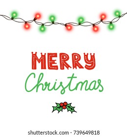 String Green Red Garland And Lettering Isolated On Black Background. Vector Illustration Of Merry Christmas, New Year Party Decoration With Transparency. Glowing Light For Card Design. Lights Border