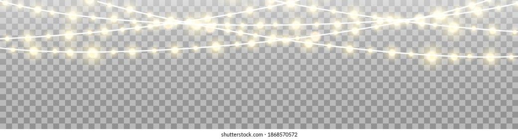 Cadena de luces de vacaciones, luces de Navidad elementos de diseño realistas aislados, luces brillantes para el diseño de tarjetas de felicitación, guirnaldas brillantes sobre fondo transparente - vector de stock