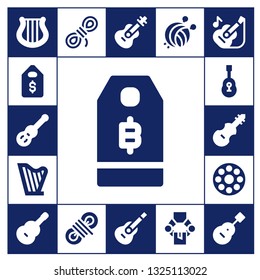 string icon set. 17 filled string icons.  Simple modern icons about  - Harp, Price tag, Guitar, Fiddle, Bobbin, Rope, Yarn ball, Manipulator