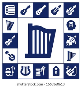 string icon set. 17 filled string icons.  Simple modern icons such as: Reminder, Harp, Violin, Banjo, Memorize, Cello, Rope, Guitar, Thread, Price tag