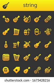 string icon set. 26 filled string icons.  Simple modern icons such as: Banjo, Guitar, Rope, Fiddle, Harp, Thread, Cello, Electric guitar, Mandolin, Reminder, Violin, Veena, Memorize