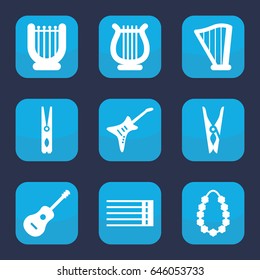 String icon. set of 9 filled string icons such as cloth pin, guitar strings, harp, guitar