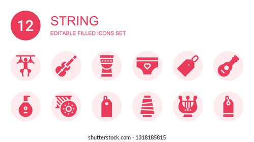 string icon set. Collection of 12 filled string icons included Puppet, Violin, Timpani, Panties, Price tag, Lute, Bobbin, Thread, Harp, Guitar