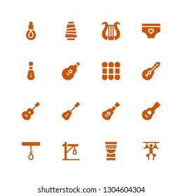 string icon set. Collection of 16 filled string icons included Puppet, Timpani, Gallows, Rope, Guitar, Mandolin, Thread, Acoustic guitar, Panties, Lyre