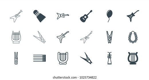 String Icons. Set Of 18 Editable Filled And Outline String Icons: Guitar Strings, Guitar, Harp, Shuttlecock, Balloon, Cloth Pin