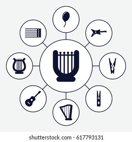 String icons set. set of 9 string filled icons such as cloth pin, guitar strings, harp, guitar