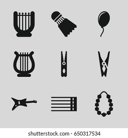 String icons set. set of 9 string filled icons such as cloth pin, guitar strings, harp, garland, shuttlecock, balloon