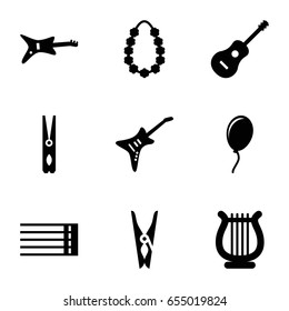 String icons set. set of 9 string filled icons such as cloth pin, guitar strings, guitar, harp, garland