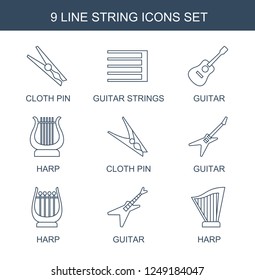 string icons. Set of 9 line string icons included cloth pin, guitar strings, guitar, harp on white background. Editable string icons for web, mobile and infographics.