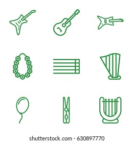 String icons set. set of 9 string outline icons such as cloth pin, guitar strings, harp, guitar, garland
