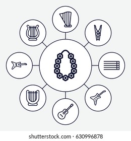 String icons set. set of 9 string outline icons such as cloth pin, guitar strings, harp, guitar