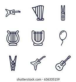 String icons set. set of 9 string outline icons such as cloth pin, harp, guitar