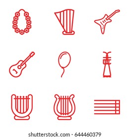String icons set. set of 9 string outline icons such as guitar strings, harp, guitar, garland, balloon