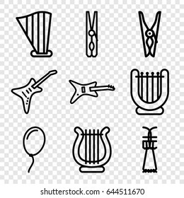 String icons set. set of 9 string outline icons such as cloth pin, harp, guitar, balloon