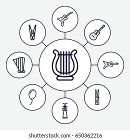 String icons set. set of 9 string outline icons such as cloth pin, harp, guitar, balloon