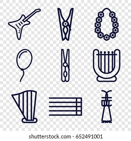 String icons set. set of 9 string outline icons such as cloth pin, guitar strings, harp, guitar, garland, balloon