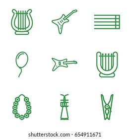 String icons set. set of 9 string outline icons such as cloth pin, guitar strings, guitar, harp, garland, balloon