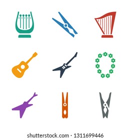 string icons. Trendy 9 string icons. Contain icons such as cloth pin, guitar, garland, harp. string icon for web and mobile.