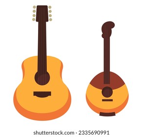 String instrument made of wood, acoustic guitar for playing songs. Concert or hobby, improving skills. Plucking or strumming with fingers technique for composition production. Vector in flat style