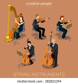 String instrument musicians flat 3d web isometric infographic concept vector. Creative people playing on classic instruments scene theater opera concert. Cello violin harp viola double bass contrabass