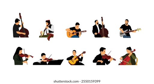 Ilustración vectorial de instrumentos de cuerda de instrumentista de banda de juego de cuerda aislada. Concierto de folclore. Colección de orquesta musical. Entretenimiento musical jazz evento fiesta. Conjunto de cantantes de grupo de músicos.